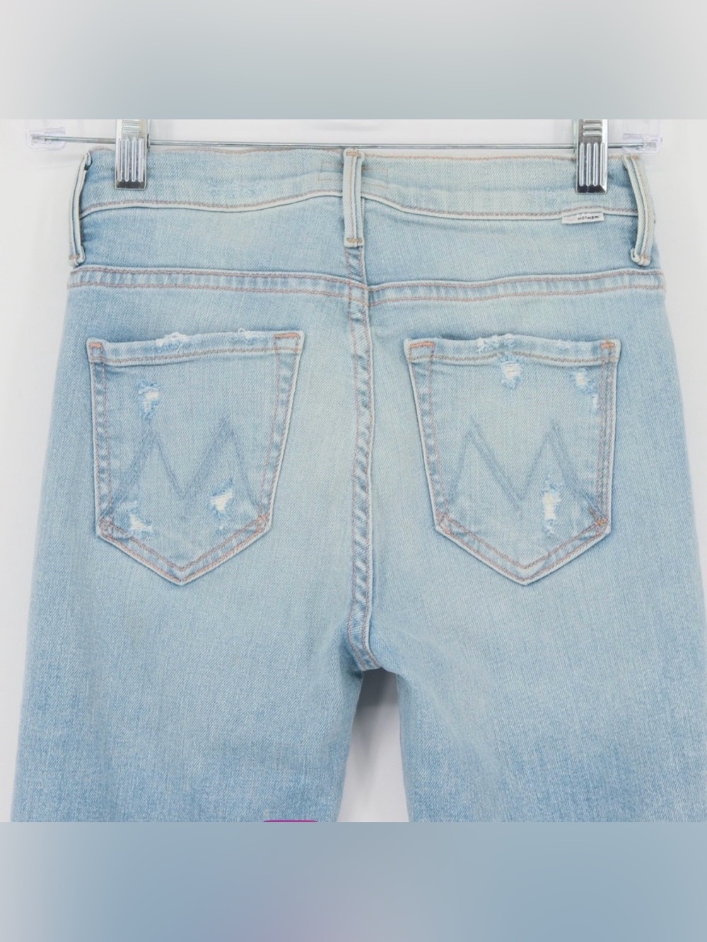 MOTHER Light Blue Distressed Flare Jeans Size 27; The Weekender, Free Hugs!